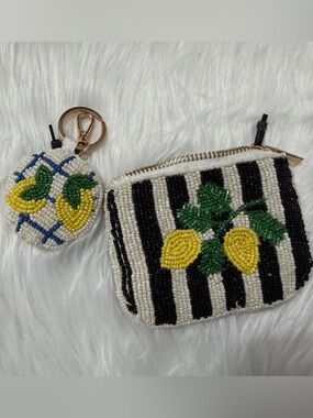 Rachel Zoe Beaded Lemon Stripe Coin Purse and Key Pouch Handmade Hand-beaded